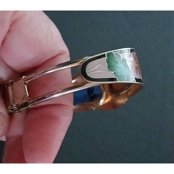 Vintage Cloisonne Enamel Floral Clamper Bracelet Gold-Tone Beautiful Jewelry Gif - Picture 9 of 12